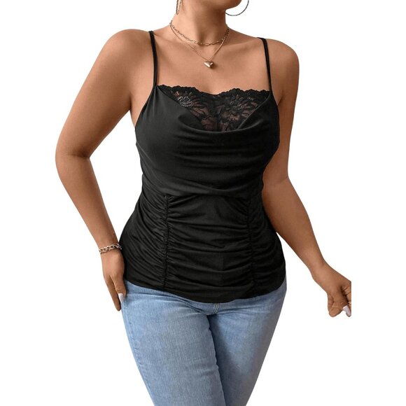 Women's Plus Size Lace Trim Ruched Cami Top Spaghetti Strap Draped Front - Picture 1 of 6